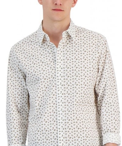Men's Slim-Fit Stretch Small Field Print Long-Sleeve Button-Up Shirt Yellow $33.04 Shirts