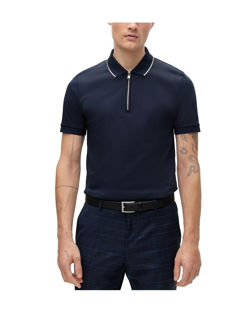 BOSS Men's Zip-Neck Slim-Fit Polo Shirt in Interlock Cotton Blue $52.44 Polo Shirts