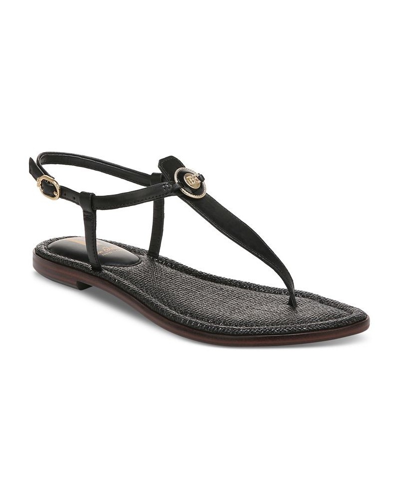 Gigi Signet T-Strap Flat Sandals Black $48.10 Shoes