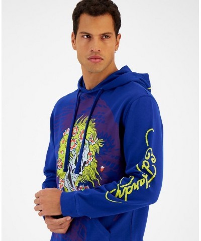 Men's Lightning Skull Graphic Pullover Hoodie Blue $26.41 Sweatshirt